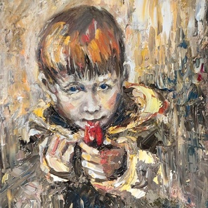 Мальчик с красной свистулькой — портрет, масло на холсте, 2024, 50×60 см